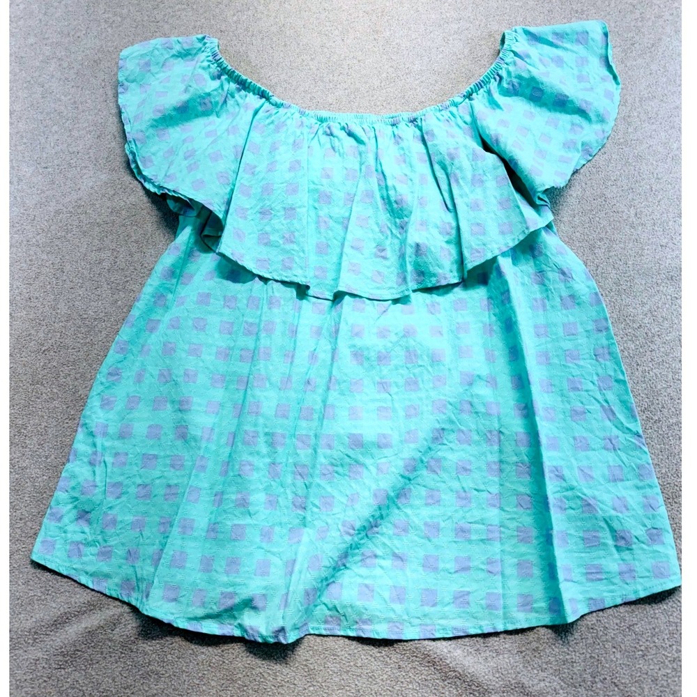 Michelle McDowell Womens L Aqua Blue Gingham Ruffle Off Shoulder Peasant Blouse